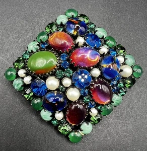 SCHREINER bunte Vintage Anstecknadel Brosche rosa blau grün Folie Glasperlen ATEMBERAUBEND - Bild 1 von 12