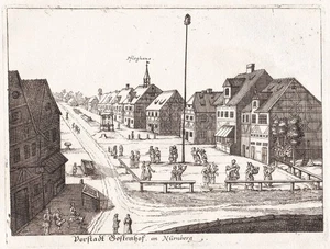 Nürnberg Nuremberg Gostenhof Marktplatz engraving Kupferstich Boener 1708 - Picture 1 of 1
