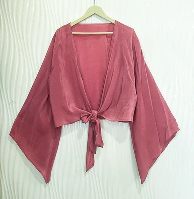 Silk Wrap Top Tie Blouse Boho Crop Tops Dress Girl Woman Clothing Pink PSW1763 - Image 1 of 4