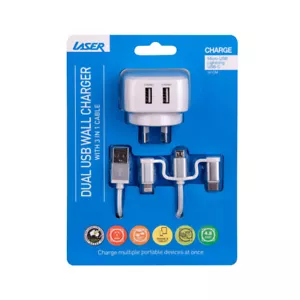 Laser 24W Dual 2.4 A USB Fast Wall Charger with 3 in 1 Charging Cable White - Picture 1 of 5