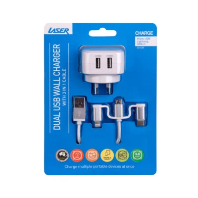 Cargador de pared rápido USB láser 24W doble 2,4 A con cable de carga 3 en 1 blanco Foto 1 de 4