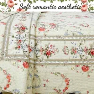 NEW! ~ COZY SHABBY CHIC COTTAGE CREAM YELLOW PINK BLUE LEAF SOFT ROSE QUILT SET - Picture 1 of 4