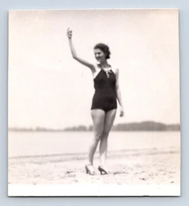 2 Vintage Photographs Dreamy Portrait Woman Posed on Beach Swimming Suit & Heels - Picture 1 of 4