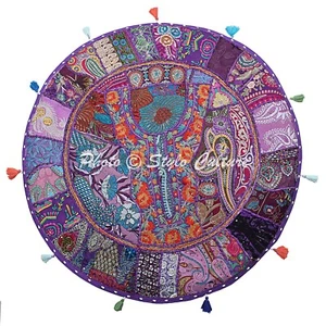 Purple Vintage Patchwork Floor Pillow Bohemian Round Floor Cushion Covers Poufs - Picture 1 of 6