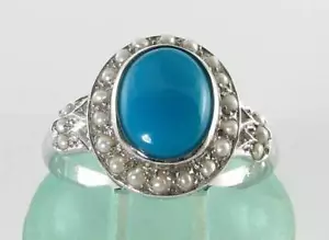 CLASS 9k 9CT WHITE GOLD TURQUOISE & SEED PEARL ART DECO INS CLUSTER RING - Picture 1 of 5