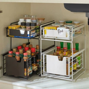 2 Tier Pantry Kitchen Pantry Spice Rack Organiser Sliding Drawer Cabinet Holder - Picture 1 of 15
