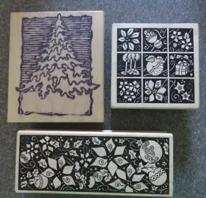 Lot wooden rubber stamps: Christmas tree label patchwork quilt border by magenta - Picture 1 of 8