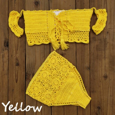 Mujeres Crochet Sexy Bikini Conjunto Boho Traje de Baño Chaleco Cintura Alta Hueco Tomar el Sol Foto 1 de 4