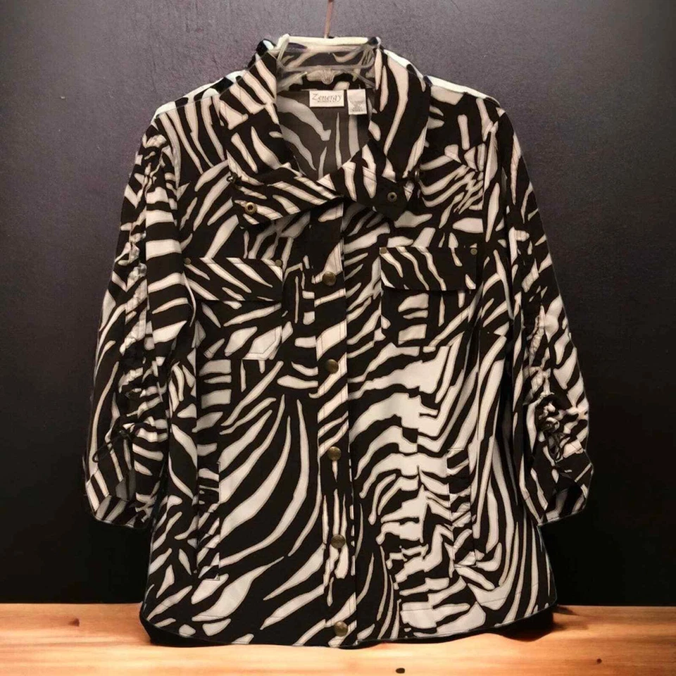 ZYNERGY by CHICO'S (1) brown Zebra Print Windbreaker Cinch Collar sleeves size - Image 1 of 4