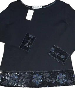Joseph A. Vintage Top Women's XL Black Embellished Sequin Beaded Floral Trim NEW - Picture 1 of 23