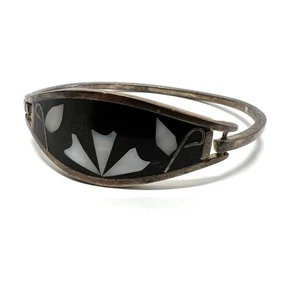 Alpaca Mexico Black White Silver Tone Abalone Shell Inlay Flower Hinged Bracelet - Picture 1 of 6