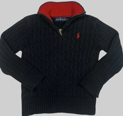 Ralph Lauren Boys 6 Navy Cable Knit Half Zip Sweater Red Pony Cotton Pullover - Image 1 of 3