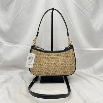 Coach Womens Teri Shoulder Crossbody Bag Woven Straw CAL90 Toast/Black - Image 1 of 4