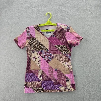 Koi Women Scrub Top S Purple Floral Paisley Animal Print Geometric Patchwork - Image 1 of 4