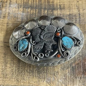 Vintage Silver & Turquoise Navajo Eagle Belt Buckle with Red Coral And Coins - Picture 1 of 4