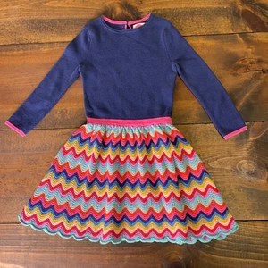 Mini Boden Cotton Blend Navy Chevron Print Colorful Skirt Knit Dress Size 3-4Y - Picture 1 of 9