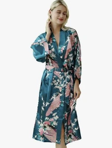 Plumero Kimono Mujer Babeyond Talla Única Turquesa Largo Con Pavo Real y Flores - Imagen 1 de 17