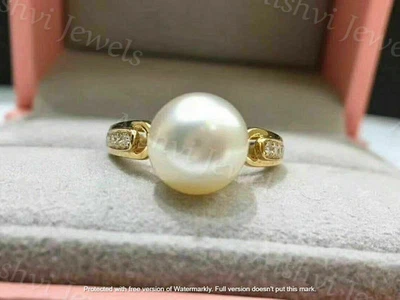 Приличное помолвочное кольцо из желтого золота 14 карат с одним белым жемчугом круглой огранки 2 карата - Изображение 1 из 3