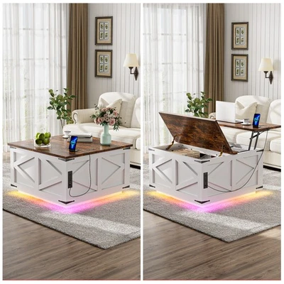 Mesa de centro elevatória de madeira com tomadas elétricas e tira de luz para sala de estar/escritório - Imagem 1 de 4