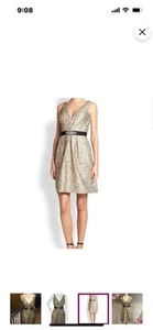 AIDAN MATTOX Gold Jacquard V Neck Dress with detailed belt size 8 - Picture 1 of 11