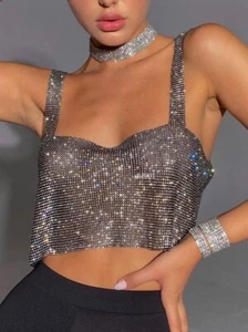 Night Club funkelnder Kristall Strass Metall Kettenhemd Neckholder drapiert BH Crop Top - Bild 1 von 25