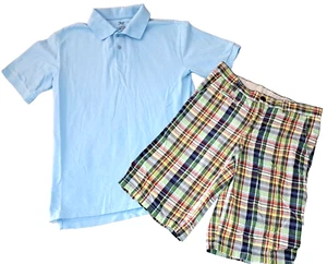 Boys GAP rainbow plaid shorts Cherokee light blue polo shirt 12 14 outfit Easter - Picture 1 of 3