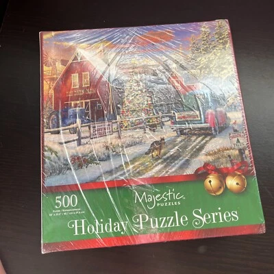 Majestic Puzzles Holiday Puzzle Series Red Barn Tree Farm 500 Pc Puzzle -Sealed - Image 1 of 4