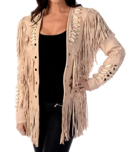Damen Creme Rindsleder Jacke alt Kuh Dame Fransen und Perlen Mantel - Bild 1 von 5