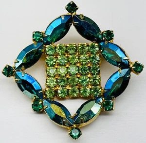 Vintage Aurora Borealis Rhinestone Brooch Blue Square Pin Gold Tone 2” Costume - Picture 1 of 5