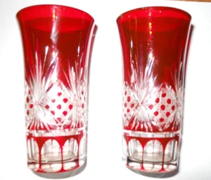 Vtg Pair Of Czech Bohemian Ruby Red Cut To Clear 4" Cordial Shot Glasses - Picture 1 of 7