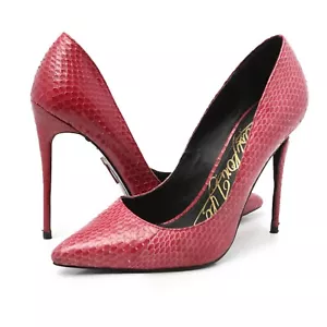 Lust For Life KRUSH Leather Snakeskin Pumps Point Toe Stilettos Sexy Red Vamp - Picture 1 of 12