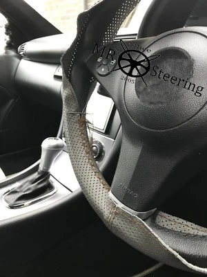 FOR PEUGEOT 308 GREY PERFORATED LEATHER STEERING WHEEL COVER 07+ BROWN DOUBLE ST - Image 1 of 4
