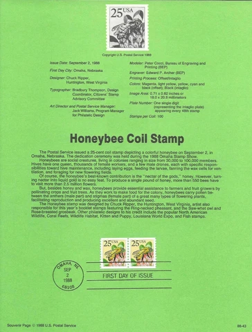 HONEYBEE BEE COIL STAMP PAIR  1988 USPS FD Souvenir Page #2281 Cover
