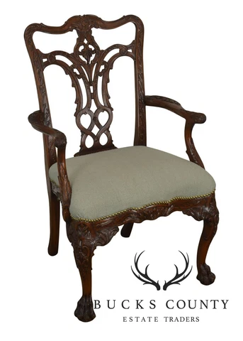 Georgian Style Carved Mahogany Arm Chair with Hariy - Paw Feet Cover
