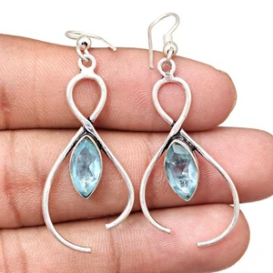 Swiss Blue Quartz Gemstone Handmade Silver Jewelry Earrings 1.5'' - Picture 1 of 7