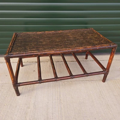Vintage Bamboo Wicker Rattan Rectangular Coffee Table Dark Wood Tone Boho Retro - Image 1 of 4