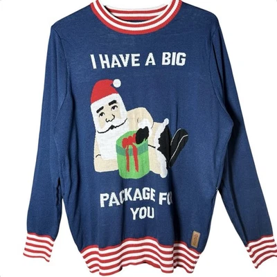 Tipsy Elves NWT Mens XXL Ugly Christmas Sweater Santa I Have A Big Package Blue - Image 1 of 4