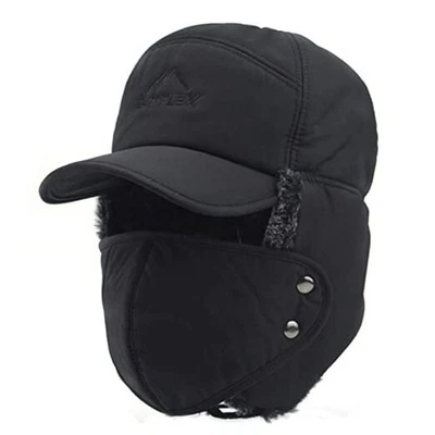 Faux Fur Cap Hat Visor Windproof Ski Balaclava Cover Men Women Medium Black - Image 1 of 4