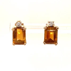 14k Yellow Gold 3Ct 8x6mm Emerald Cut Citrine .08 Ct Diamond Stud Earrings 2.7Gr - Picture 1 of 21