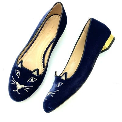 Charlotte Olympia Kitty Cat Navy Blue Velvet Flats Loafers Gold, EU 39 US 8.5-9 - Image 1 of 4