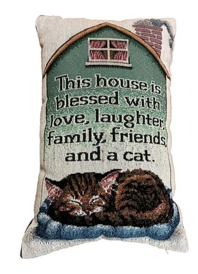 Tabby Cat Tapestry Throw Pillow This House Is Blessed Blue Cottage Mom Gift - Image 1 of 4