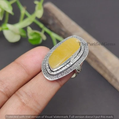 Yellow Jade 925 Sterling Silver Plated Handmade Ring ~ Statement Fine Jewelry ~ - Image 1 of 3