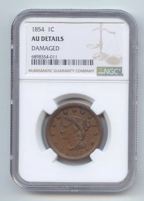 1854 Braided Hair Large Cent, NGC AU Details - Image 1 of 2