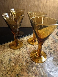 SET OF 4 Vintage MCM Amber Glass Cordial Wine Glasses 5 Inch - Picture 1 of 5