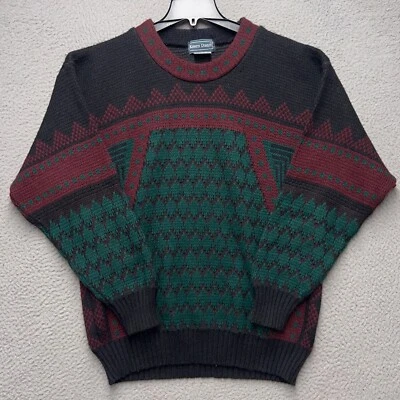 复古 Kenneth Roberts 毛衣男式 XL 绿色红色几何羊毛混纺爷爷 — 第 1/4 张图片