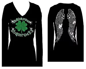 CAMISETA MANGA LARGA SHAKE YOUR SHAMROCKS WINGS RHINESTONE ST PATRICKS CUELLO EN V - Imagen 1 de 2