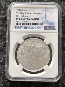 2020 $1 CANADA SILVER DOLLAR V-E DAY 75TH NGC PF69 UCAM PROOF FIRST RELEASES - Picture 1 of 2