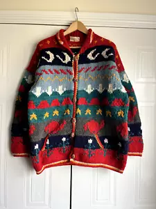 PACHAMAMA Vintage 100% Wool Hand Knitted Multicoloured Cardigan Pockets L - Picture 1 of 10