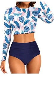 Yonique Damen langärmeliger Badeanzug Hautausschlagschutz Schwimmshirt kurz geschnittene Badeoberteile - Bild 1 von 9