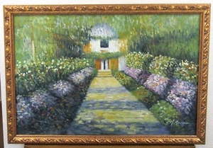 A Pathway In Monet's Garden At Giverny by L. Penair Framed Canvas Oil Painting - Picture 1 of 6